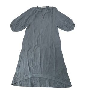 ocean+main Caftan Dress S/M Blue Excellent Cotton Gauze Raw Edge High Low Pocket